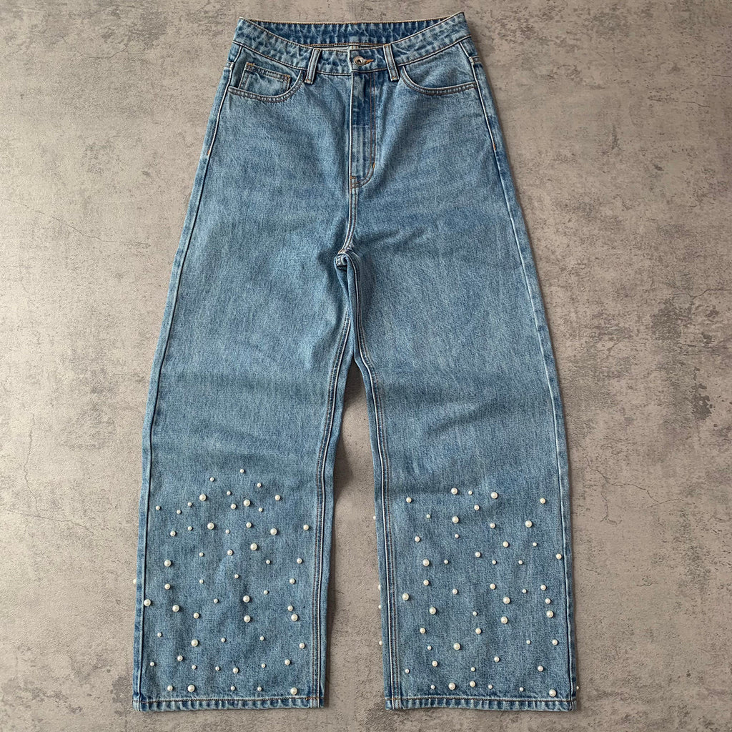Custom Men's Blue Pearl Y2K Baggy Straight Leg Jeans