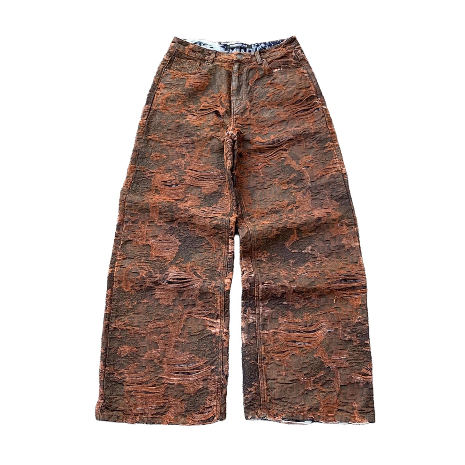 Custom Men's Brown Jacquard Baggy Distressed Jeans