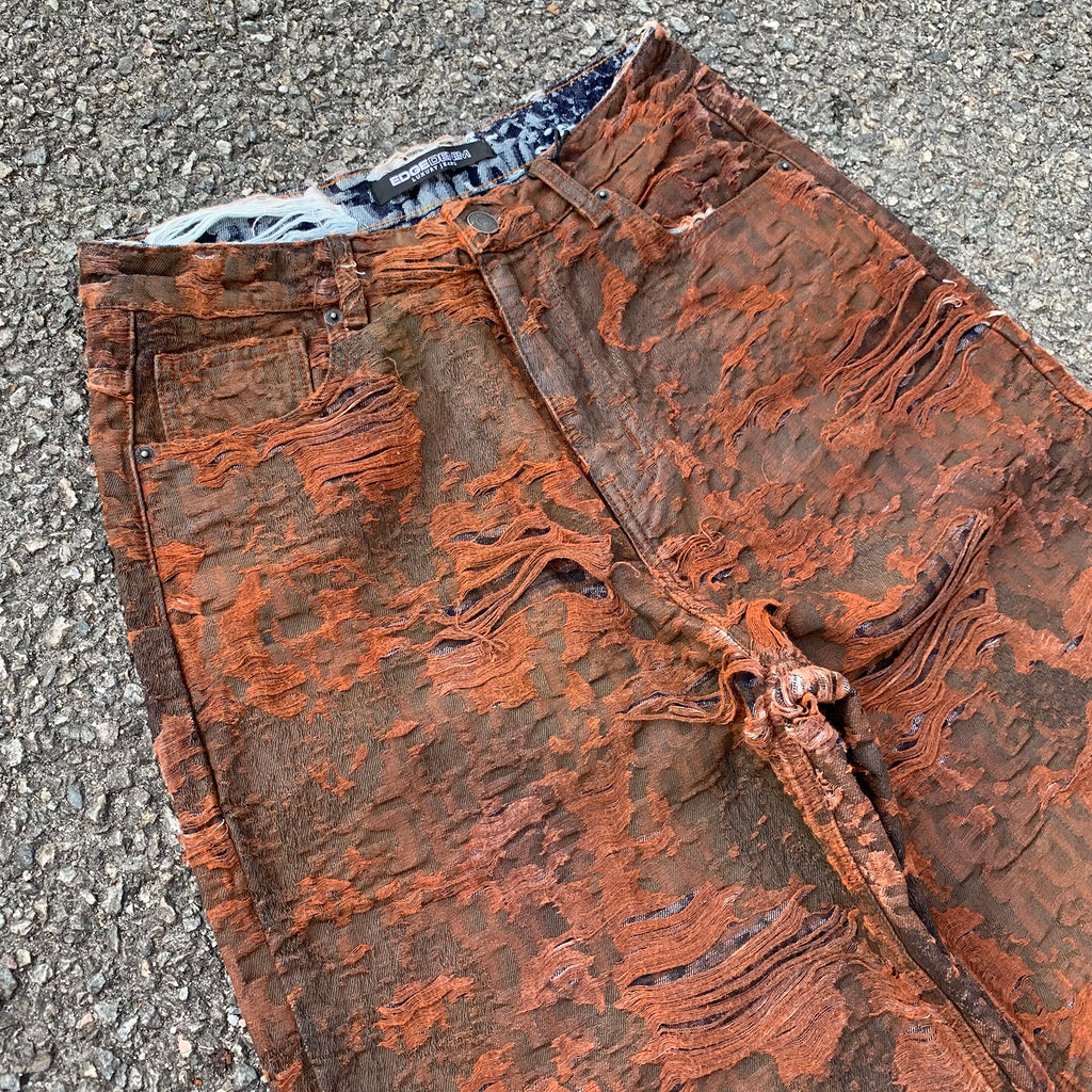 Custom Men's Brown Jacquard Baggy Distressed Jeans