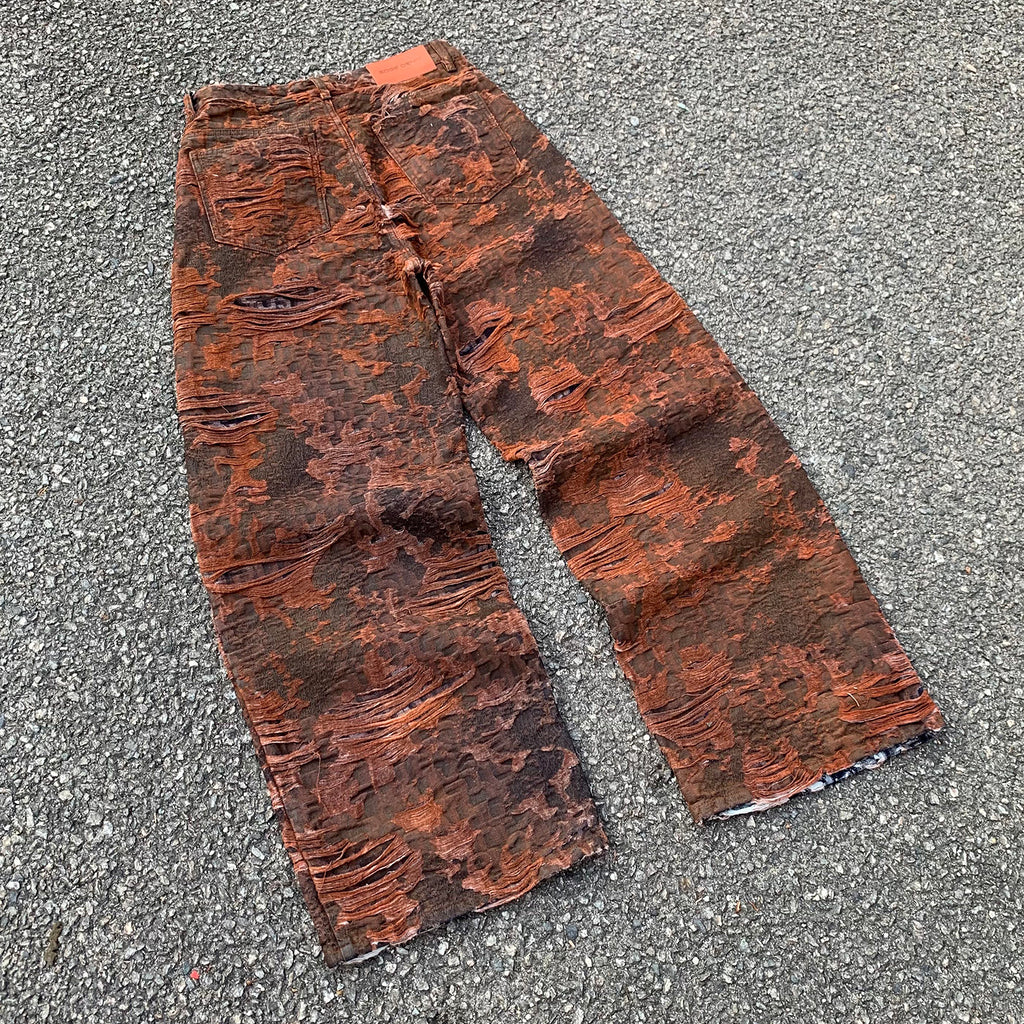 Custom Men's Brown Jacquard Baggy Distressed Jeans