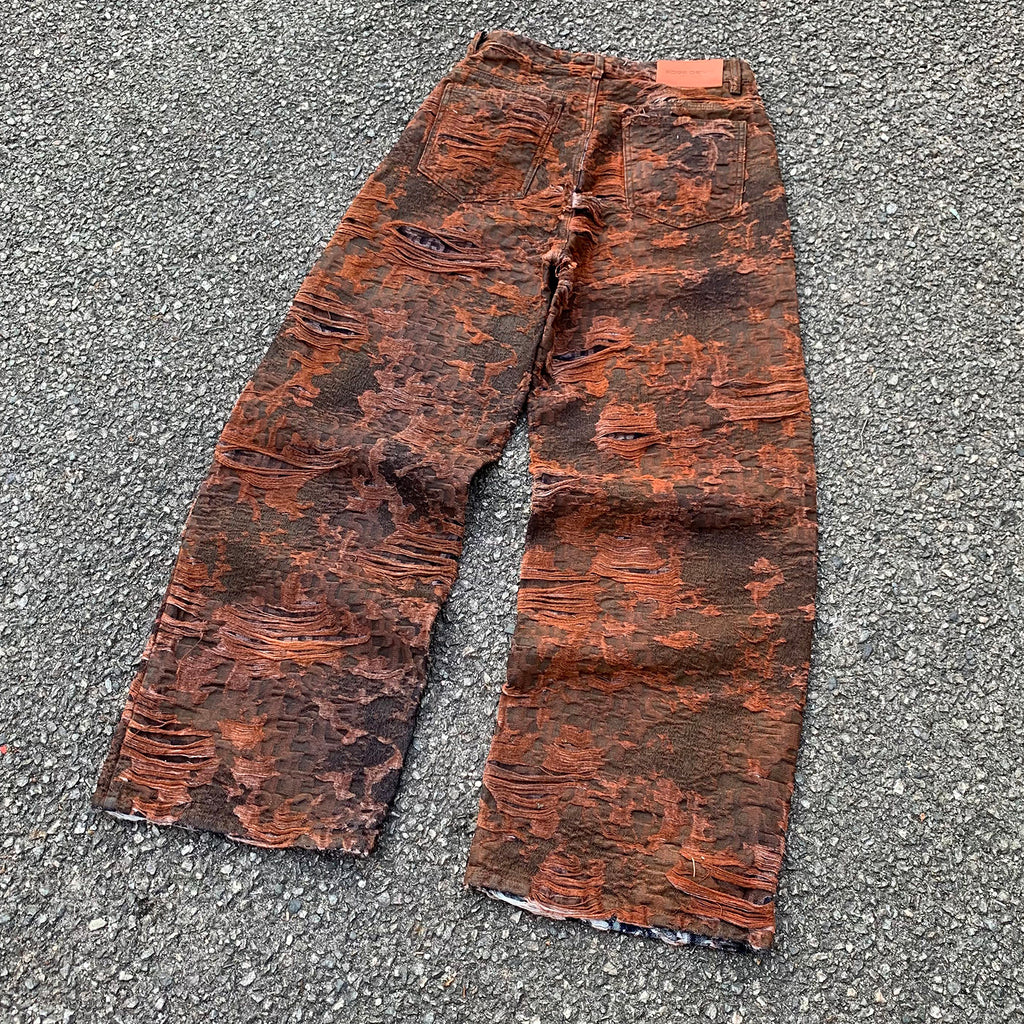 Custom Men's Brown Jacquard Baggy Distressed Jeans