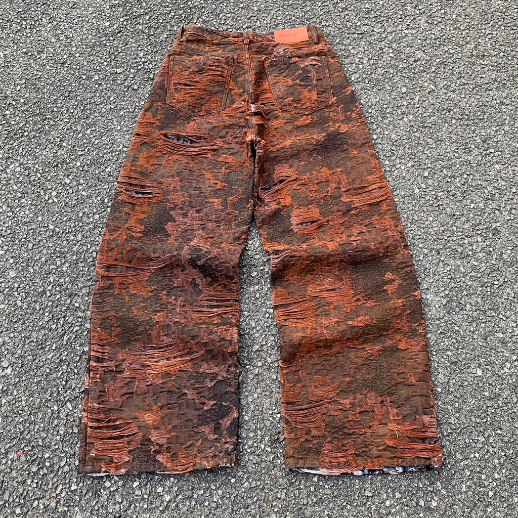Custom Men's Brown Jacquard Baggy Distressed Jeans