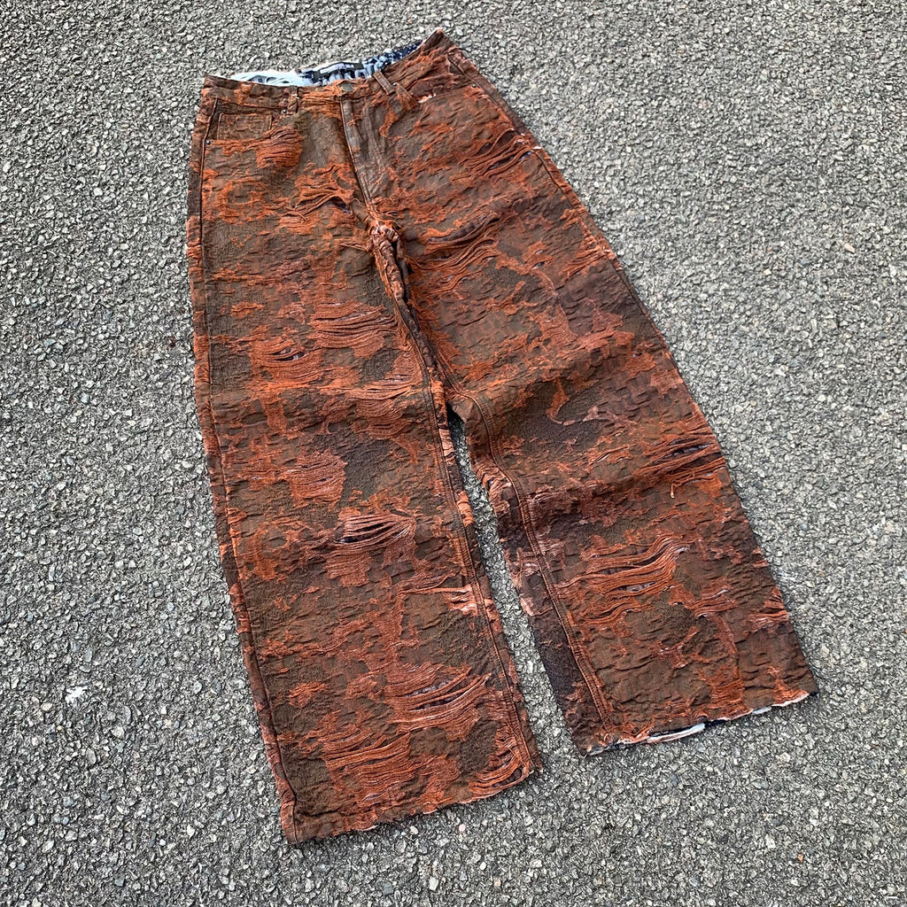 Custom Men's Brown Jacquard Baggy Distressed Jeans