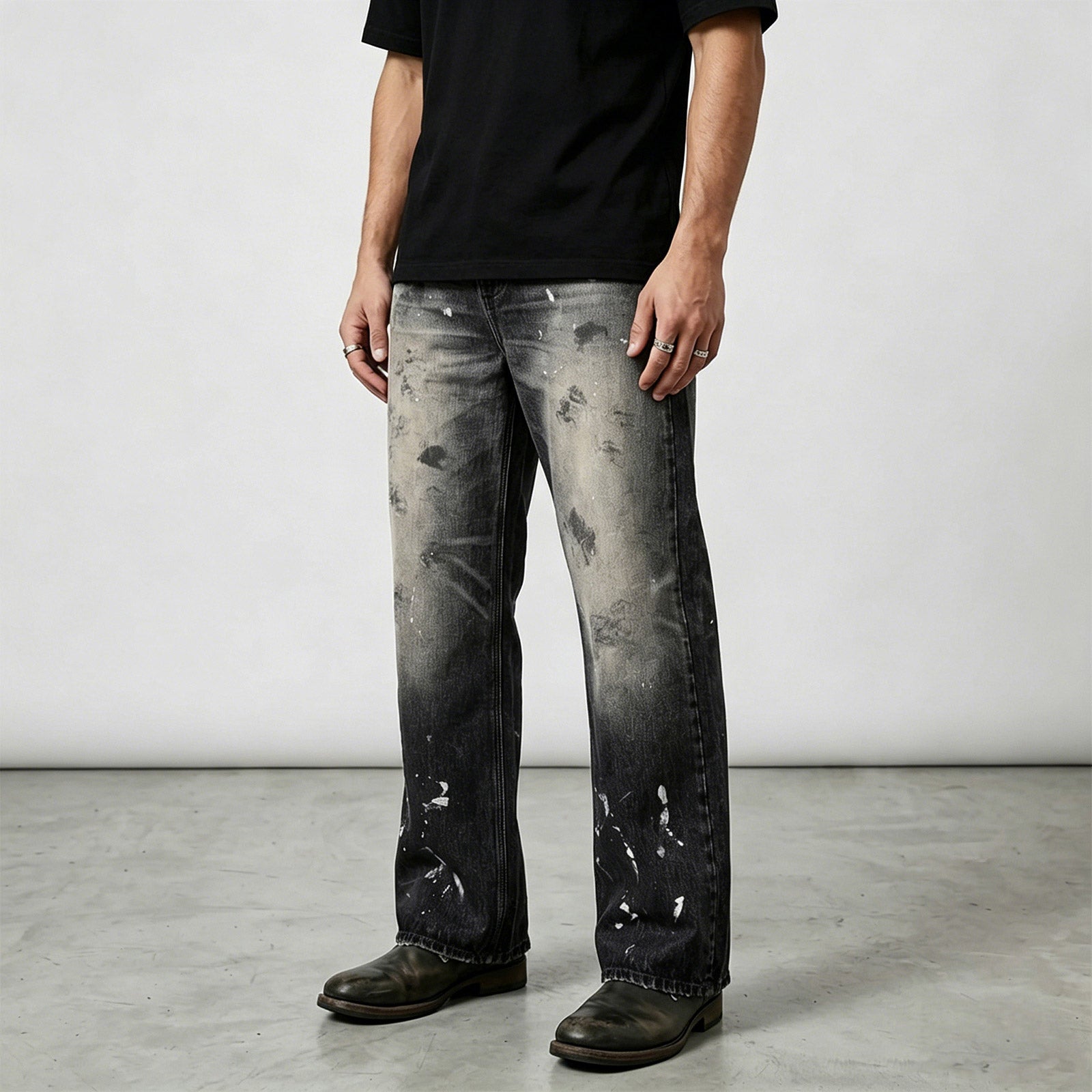 Custom Men's Black Baggy Selvedge Denim Jeans With Paint Splatters