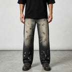 Custom Men's Black Baggy Selvedge Denim Jeans With Paint Splatters