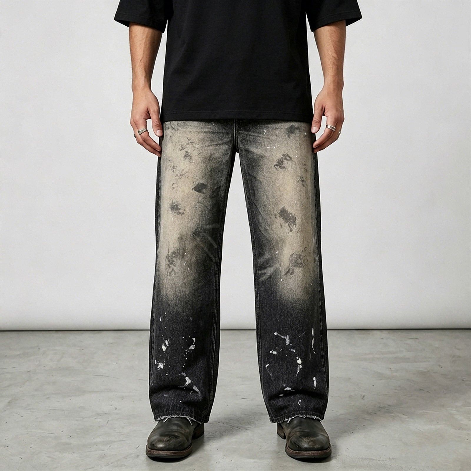Custom Men's Black Baggy Selvedge Denim Jeans With Paint Splatters