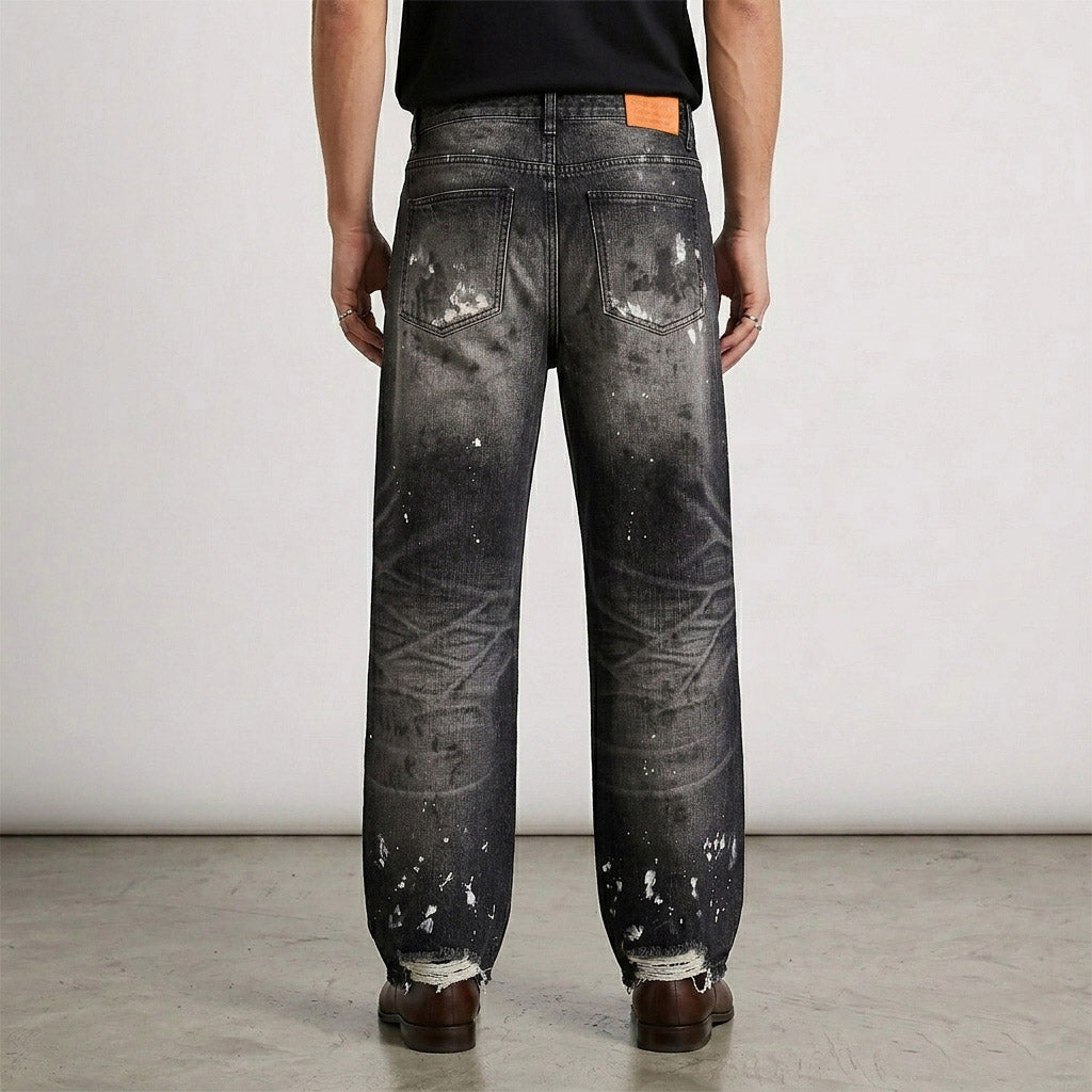 Custom Men's Black Baggy Selvedge Denim Jeans With Paint Splatters