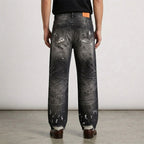 Custom Men's Black Baggy Selvedge Denim Jeans With Paint Splatters