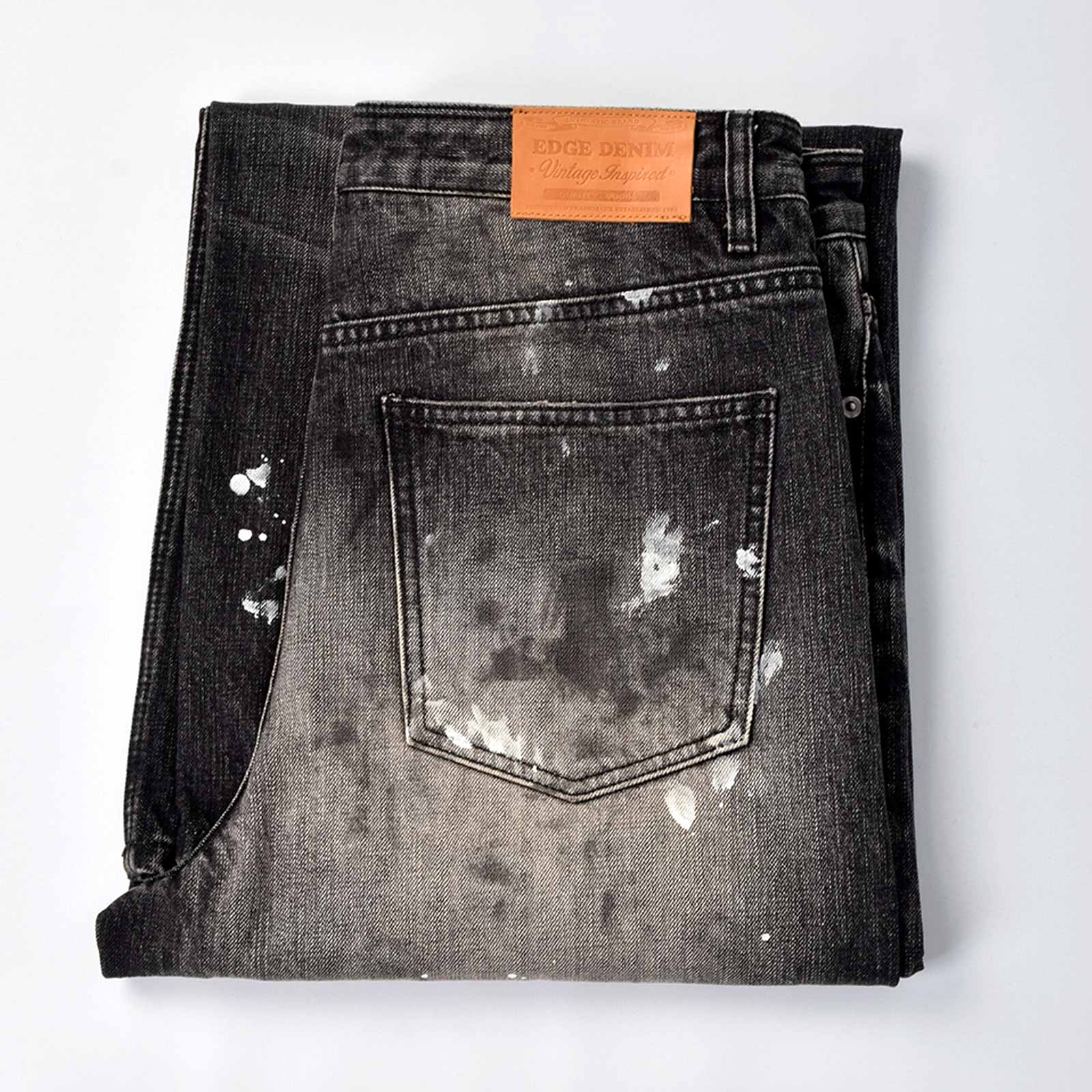 Custom Men's Black Baggy Selvedge Denim Jeans With Paint Splatters