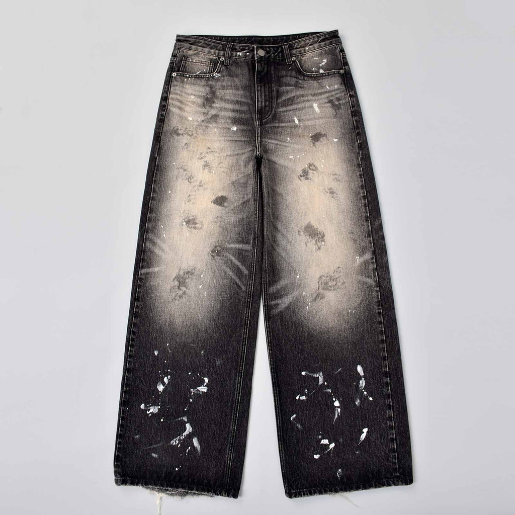 Custom Men's Black Baggy Selvedge Denim Jeans With Paint Splatters