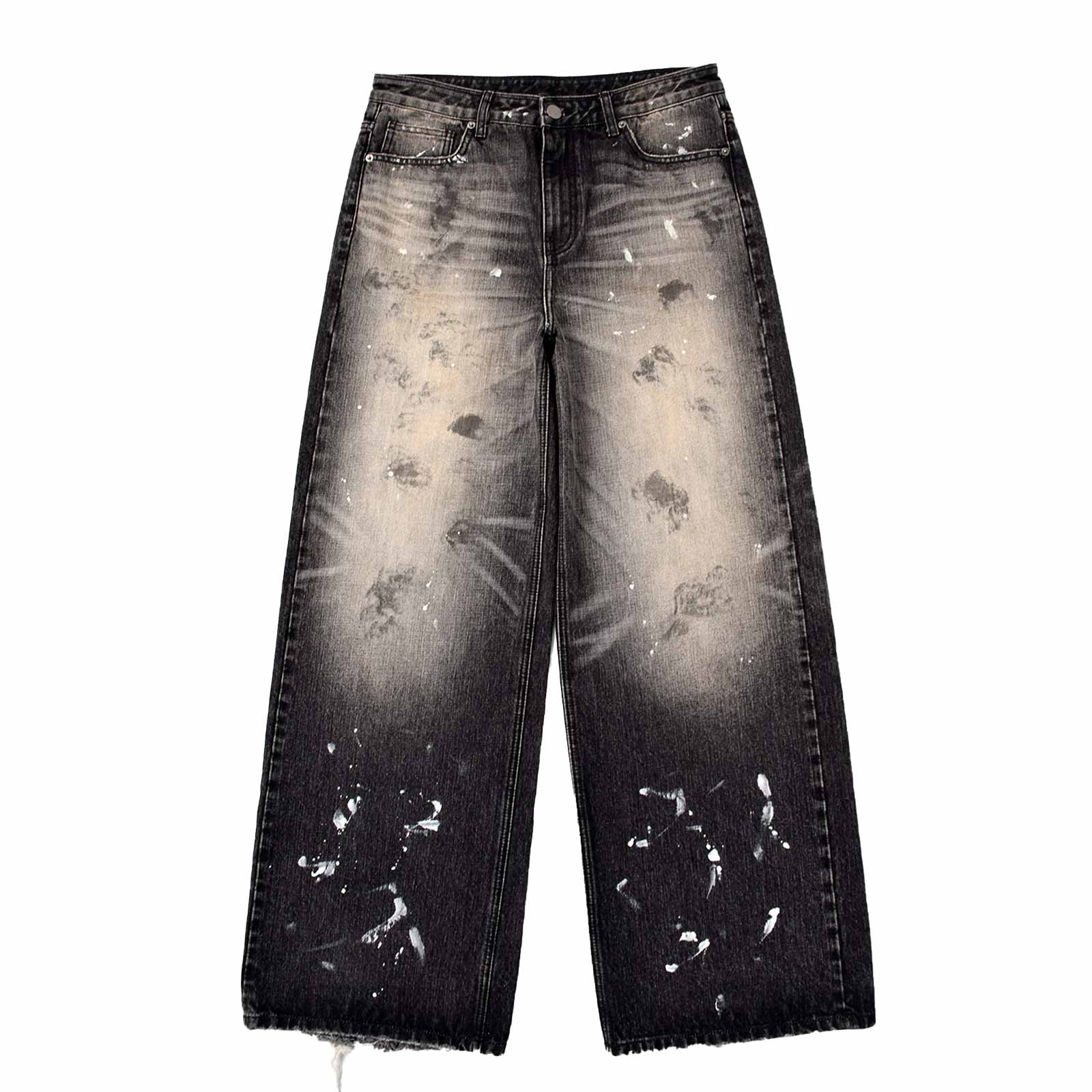 Custom Men's Black Baggy Selvedge Denim Jeans With Paint Splatters