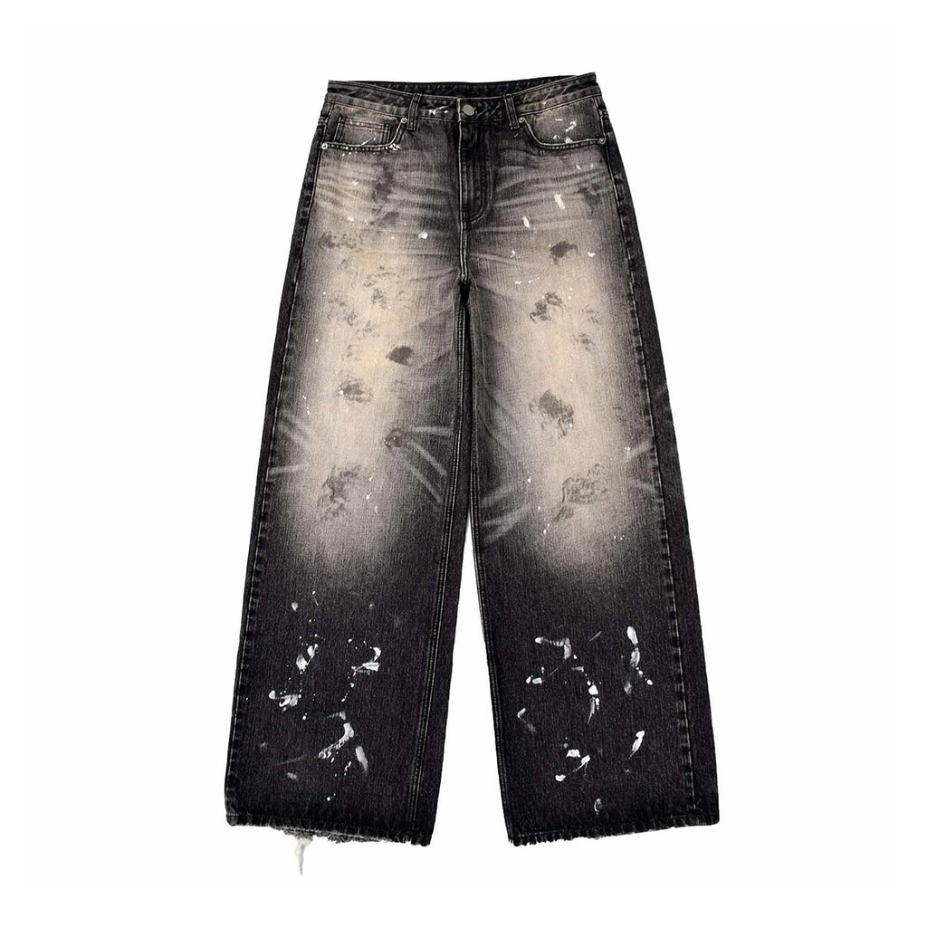 Custom Men's Black Baggy Selvedge Denim Jeans With Paint Splatters