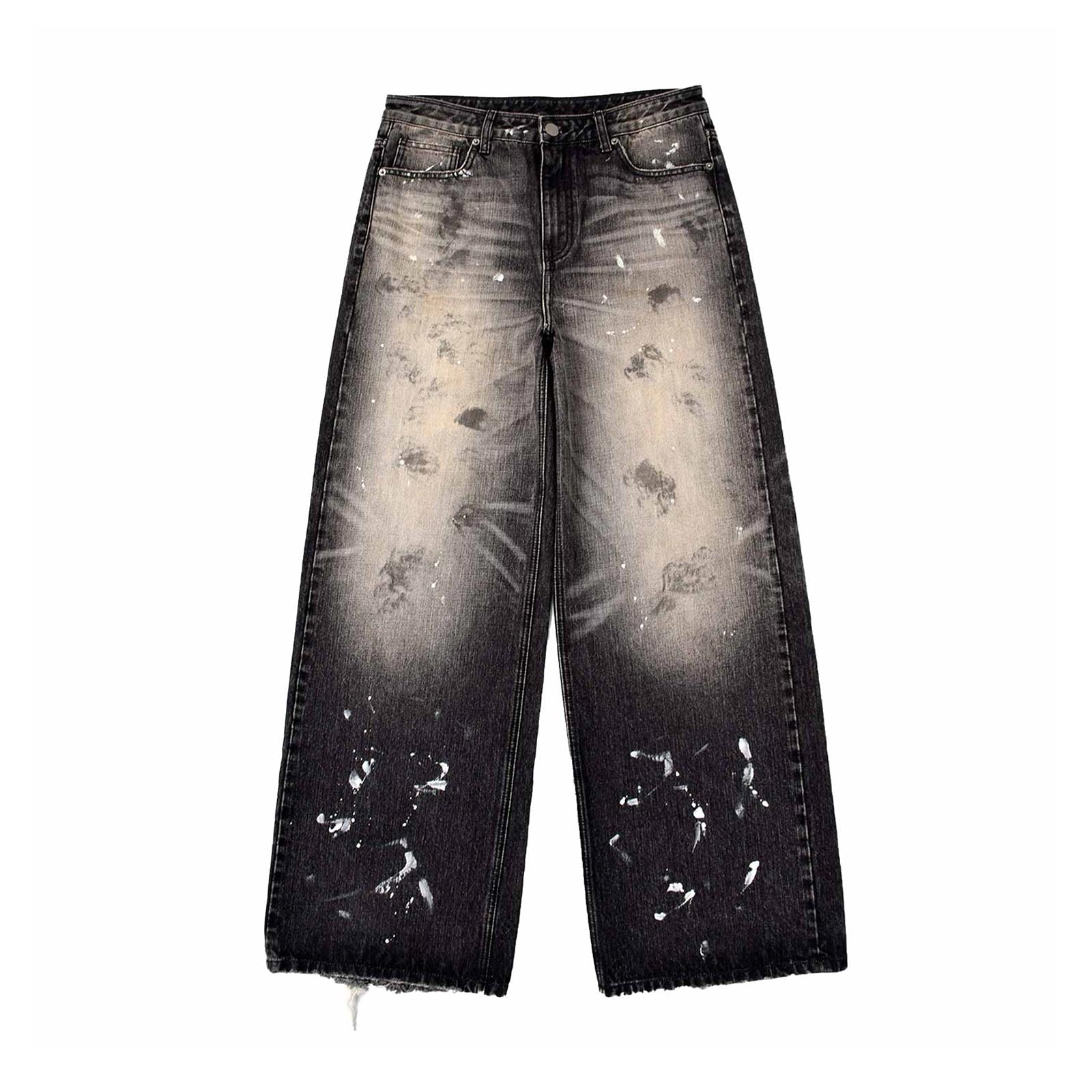 Custom Men's Black Baggy Selvedge Denim Jeans With Paint Splatters
