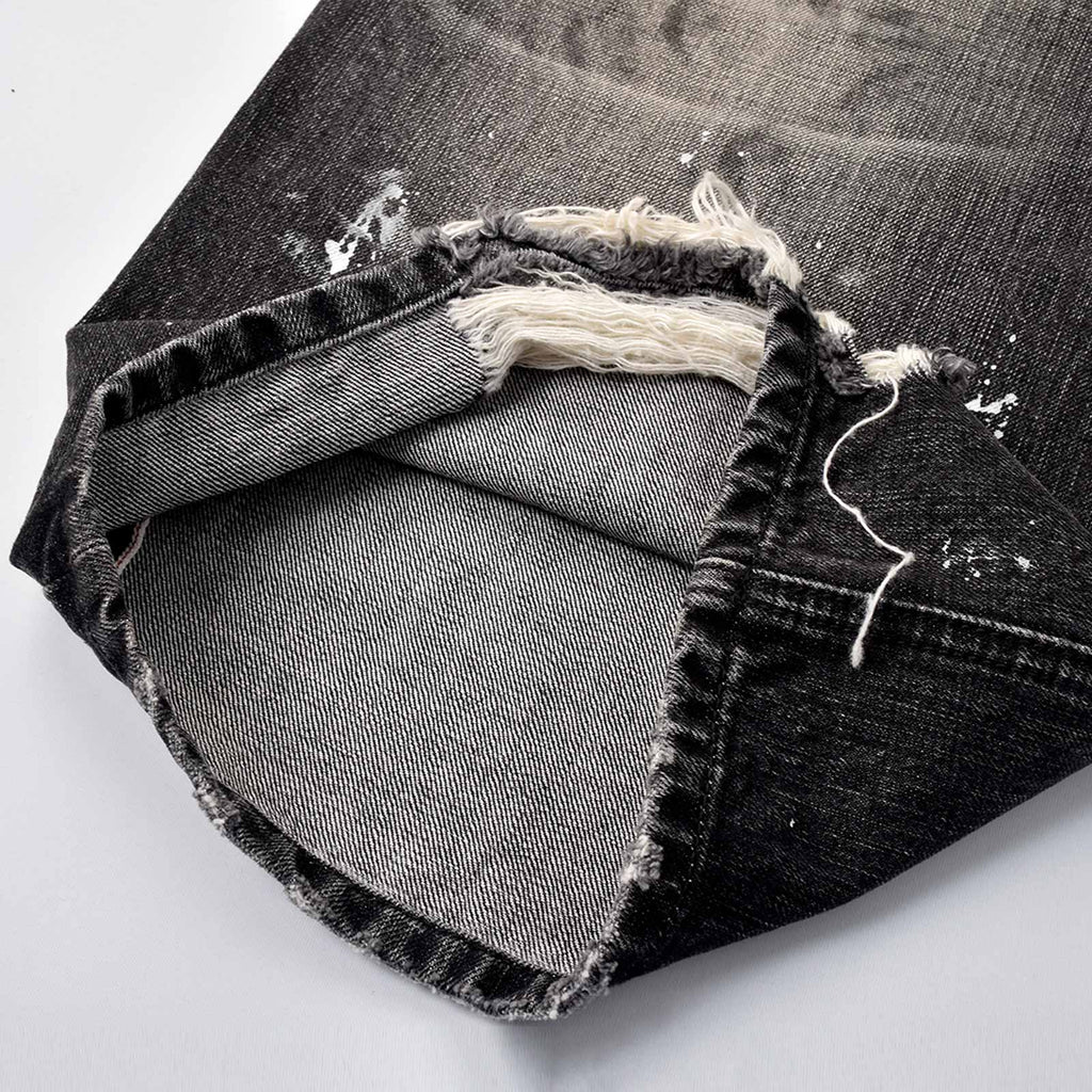 Custom Men's Black Baggy Selvedge Denim Jeans With Paint Splatters