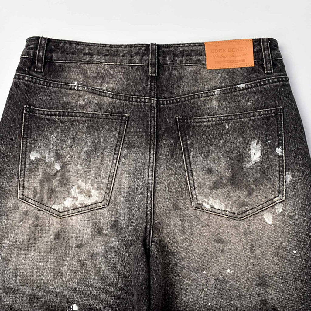 Custom Men's Black Baggy Selvedge Denim Jeans With Paint Splatters