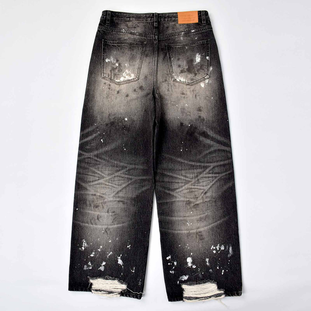 Custom Men's Black Baggy Selvedge Denim Jeans With Paint Splatters