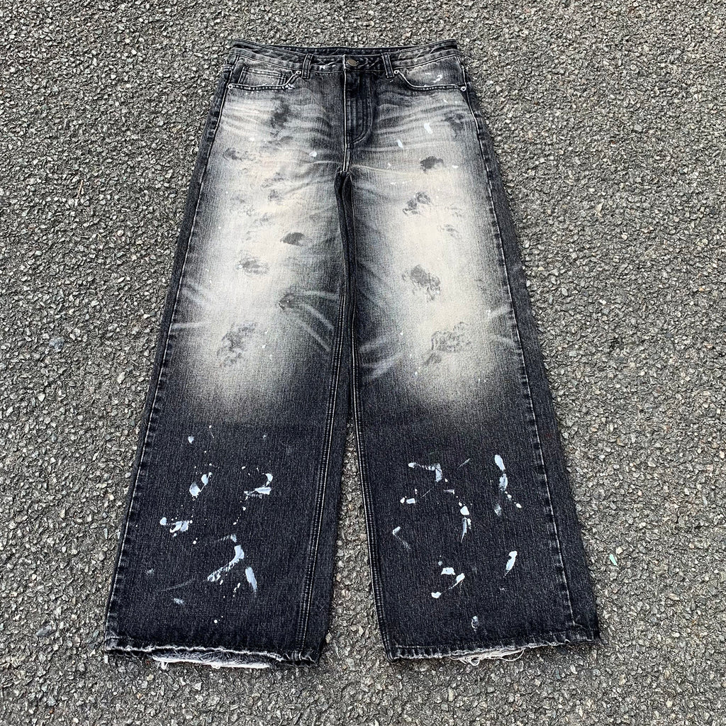 Custom Men's Black Baggy Selvedge Denim Jeans With Paint Splatters