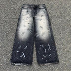 Custom Men's Black Baggy Selvedge Denim Jeans With Paint Splatters