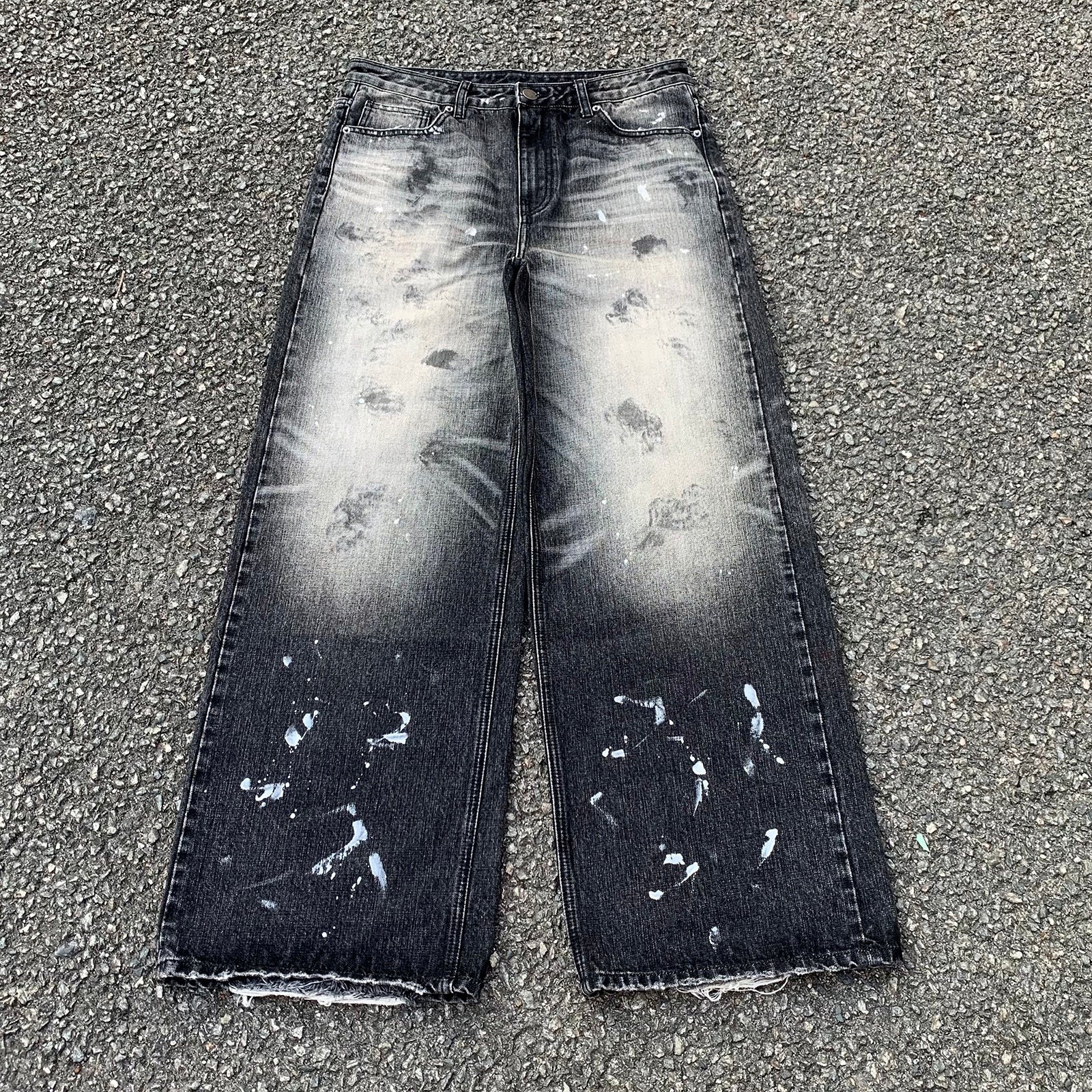 Custom Men's Black Baggy Selvedge Denim Jeans With Paint Splatters
