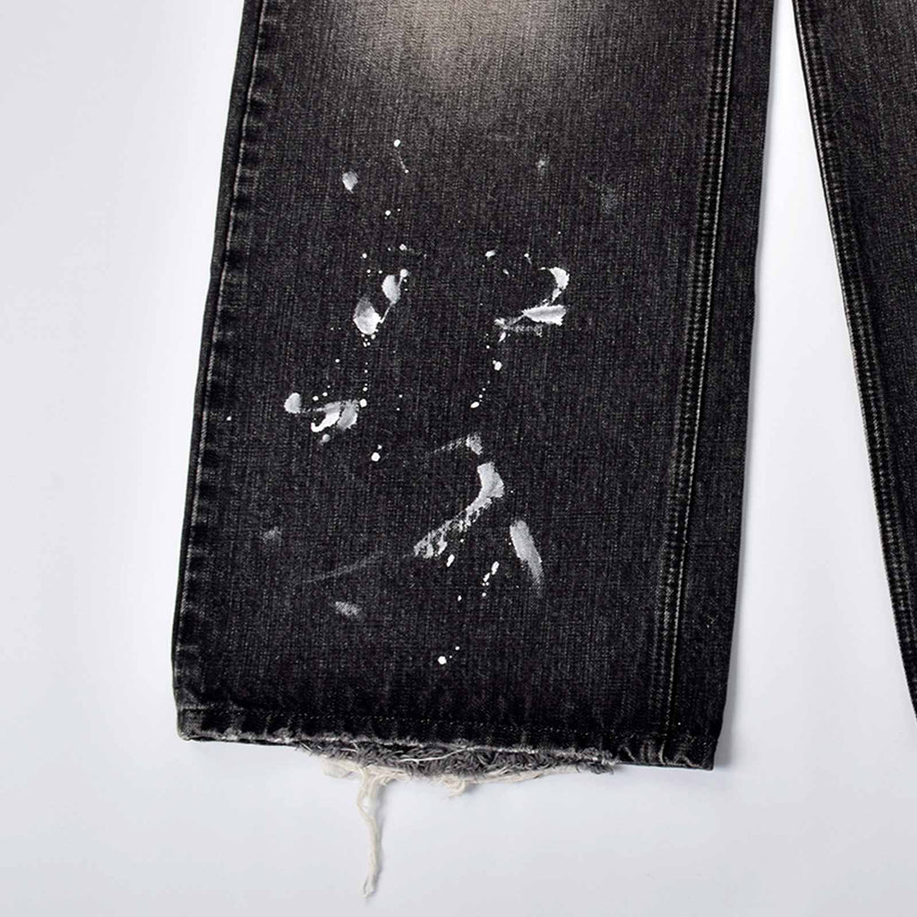 Custom Men's Black Baggy Selvedge Denim Jeans With Paint Splatters