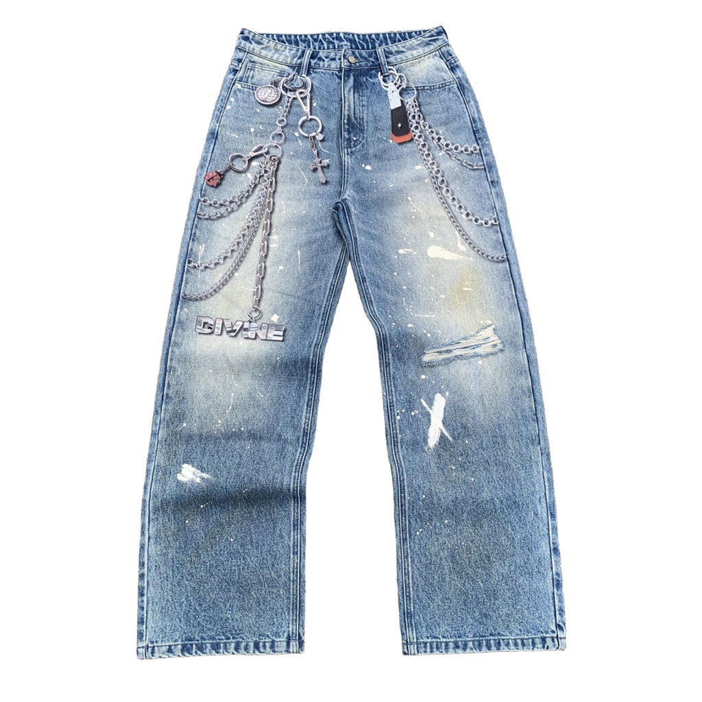 Custom Men's Baggy Digital Printing Jeans With Distressed