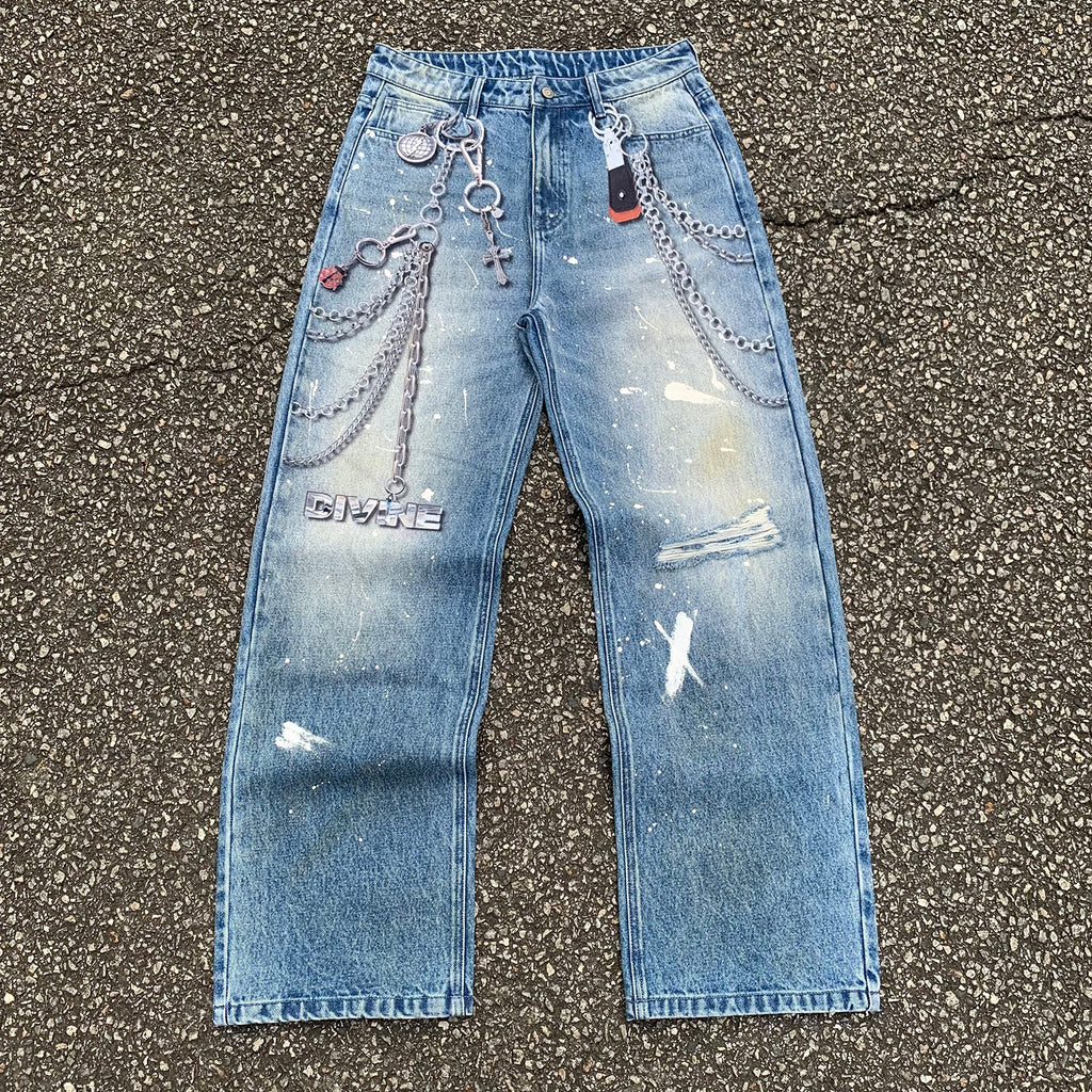 Custom Men's Baggy Digital Printing Jeans With Distressed
