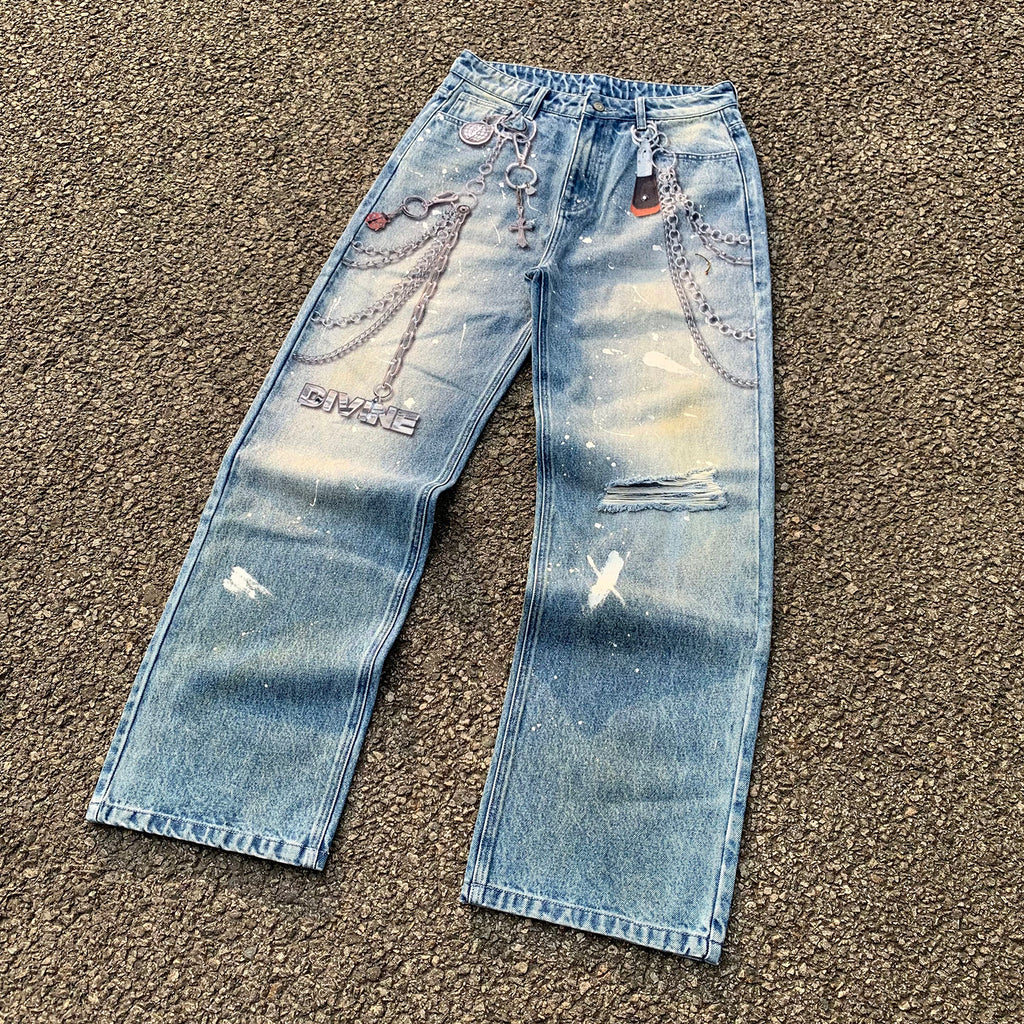 Custom Men's Baggy Digital Printing Jeans With Distressed