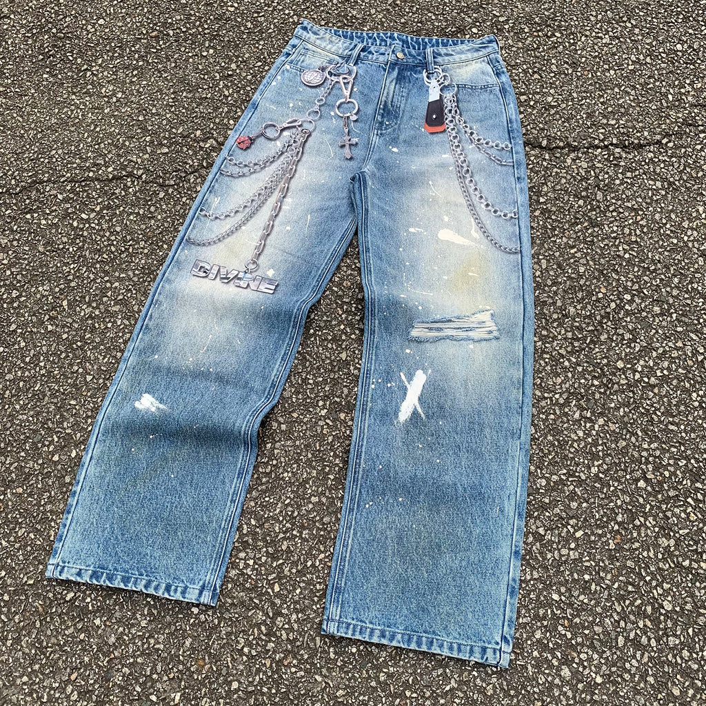 Custom Men's Baggy Digital Printing Jeans With Distressed