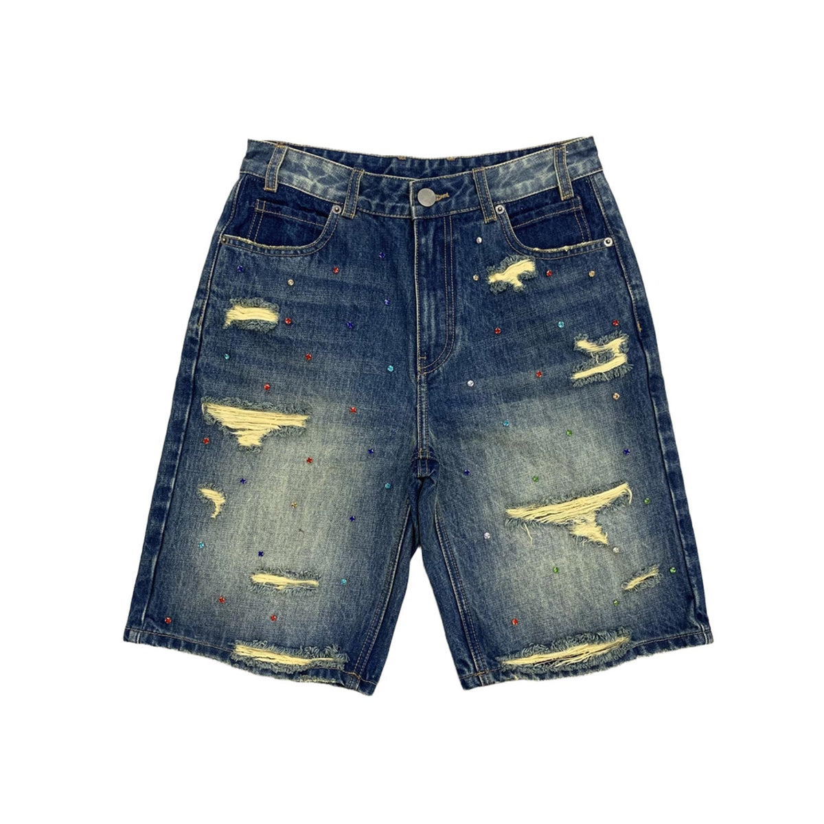 Custom Men's Blue Rhinestone Vintage Washed Jeans Shorts With Distressed