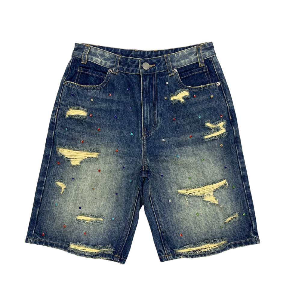 Custom Men's Blue Rhinestone Vintage Washed Jeans Shorts With Distressed