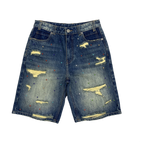 Custom Men's Blue Rhinestone Vintage Washed Jeans Shorts With Distressed