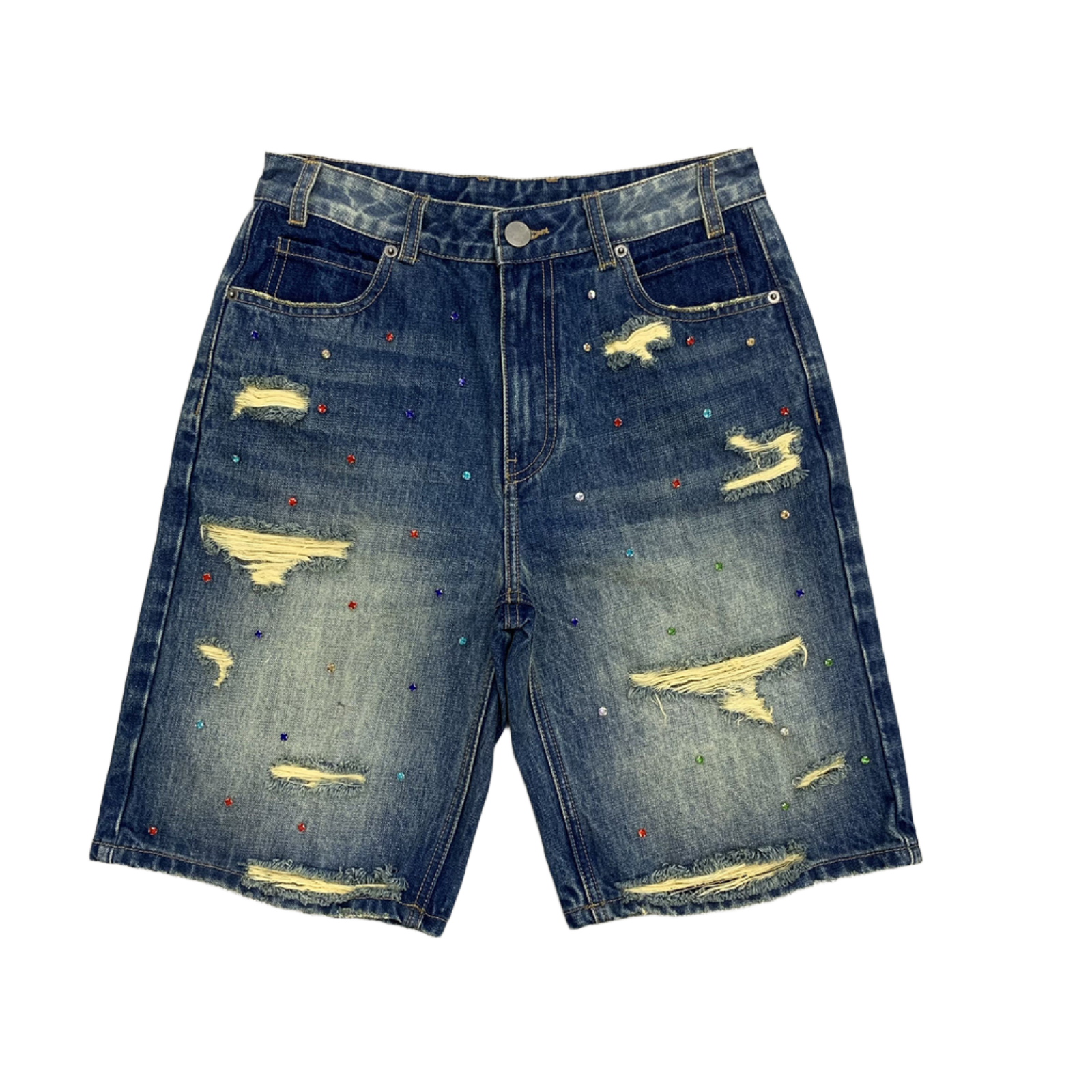 Custom Men's Blue Rhinestone Vintage Washed Jeans Shorts With Distressed