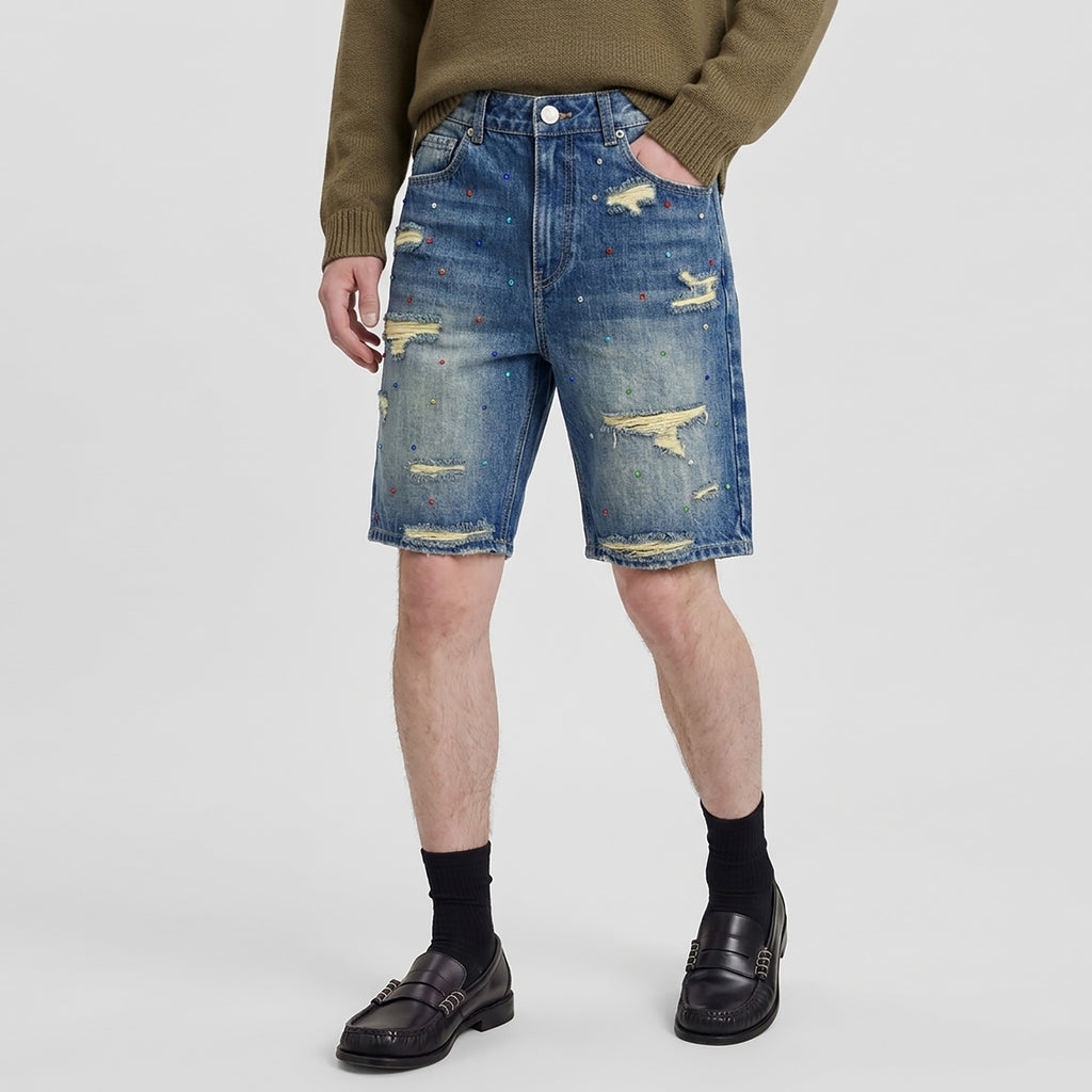 Custom Men's Blue Rhinestone Vintage Washed Jeans Shorts With Distressed