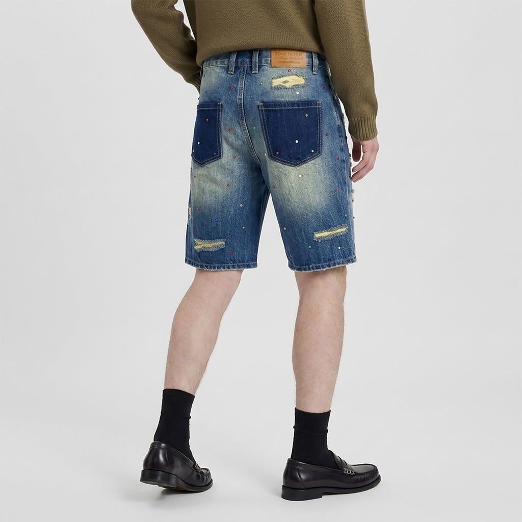 Custom Men's Blue Rhinestone Vintage Washed Jeans Shorts With Distressed