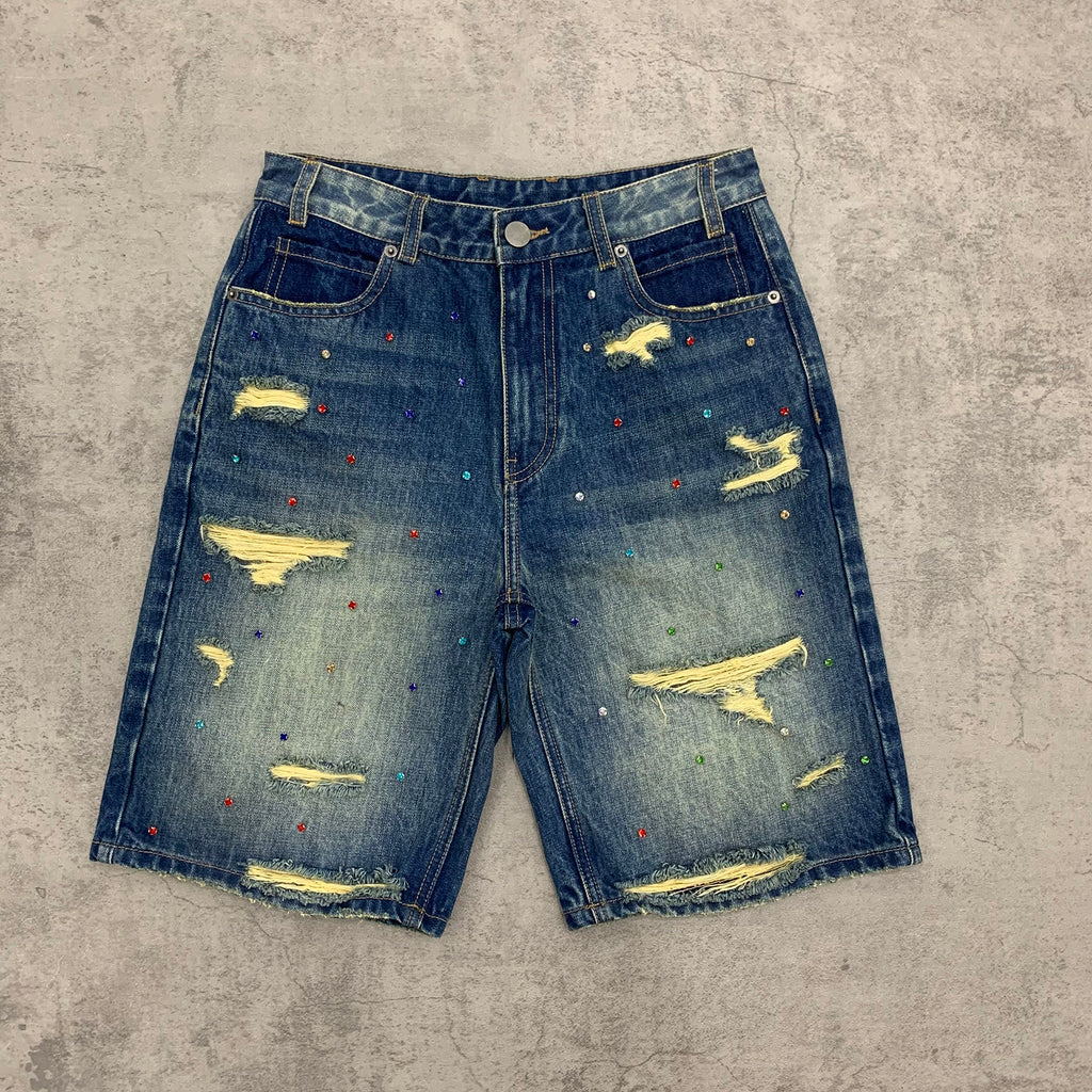 Custom Men's Blue Rhinestone Vintage Washed Jeans Shorts With Distressed