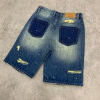 Custom Men's Blue Rhinestone Vintage Washed Jeans Shorts With Distressed