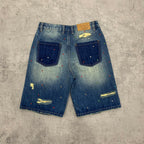 Custom Men's Blue Rhinestone Vintage Washed Jeans Shorts With Distressed