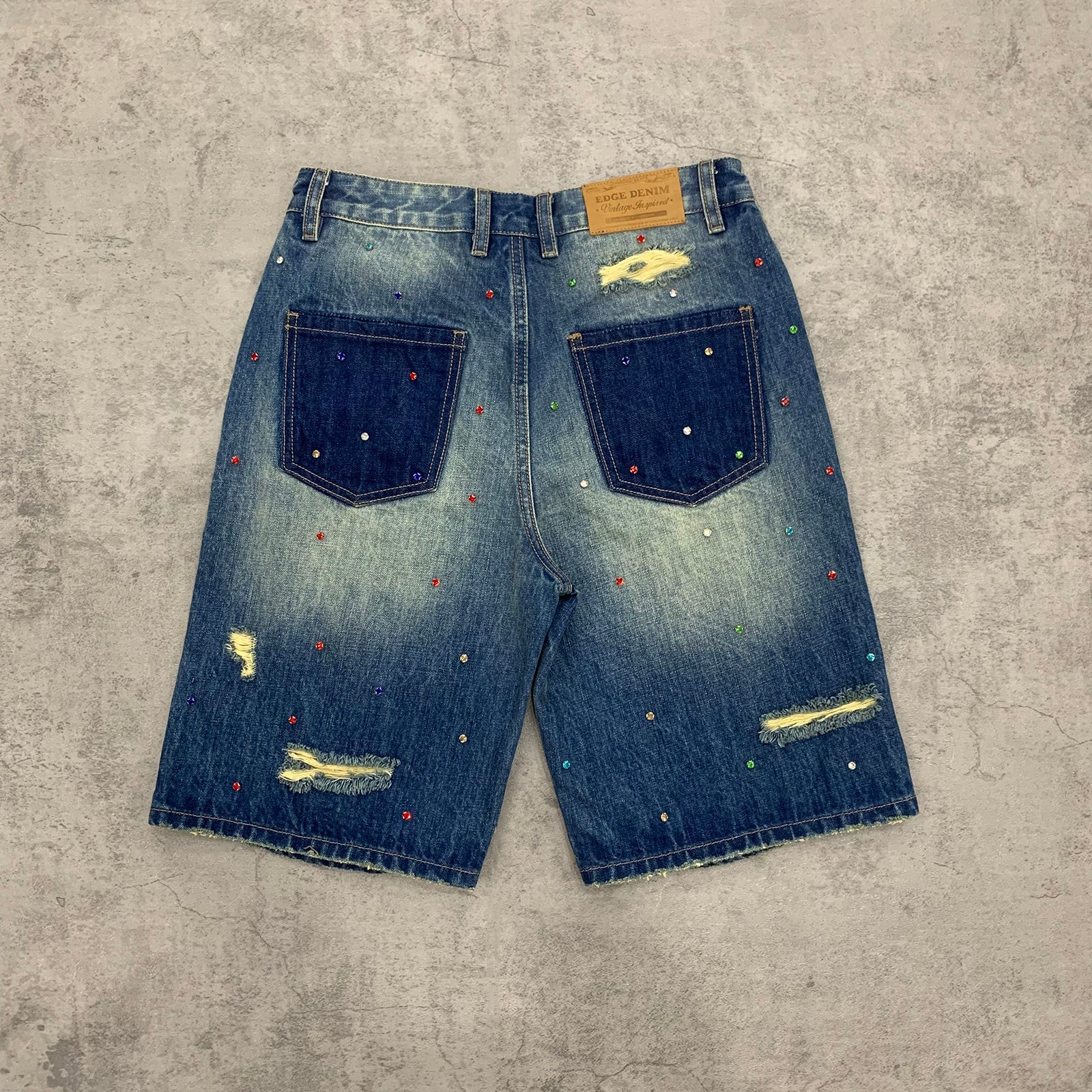 Custom Men's Blue Rhinestone Vintage Washed Jeans Shorts With Distressed