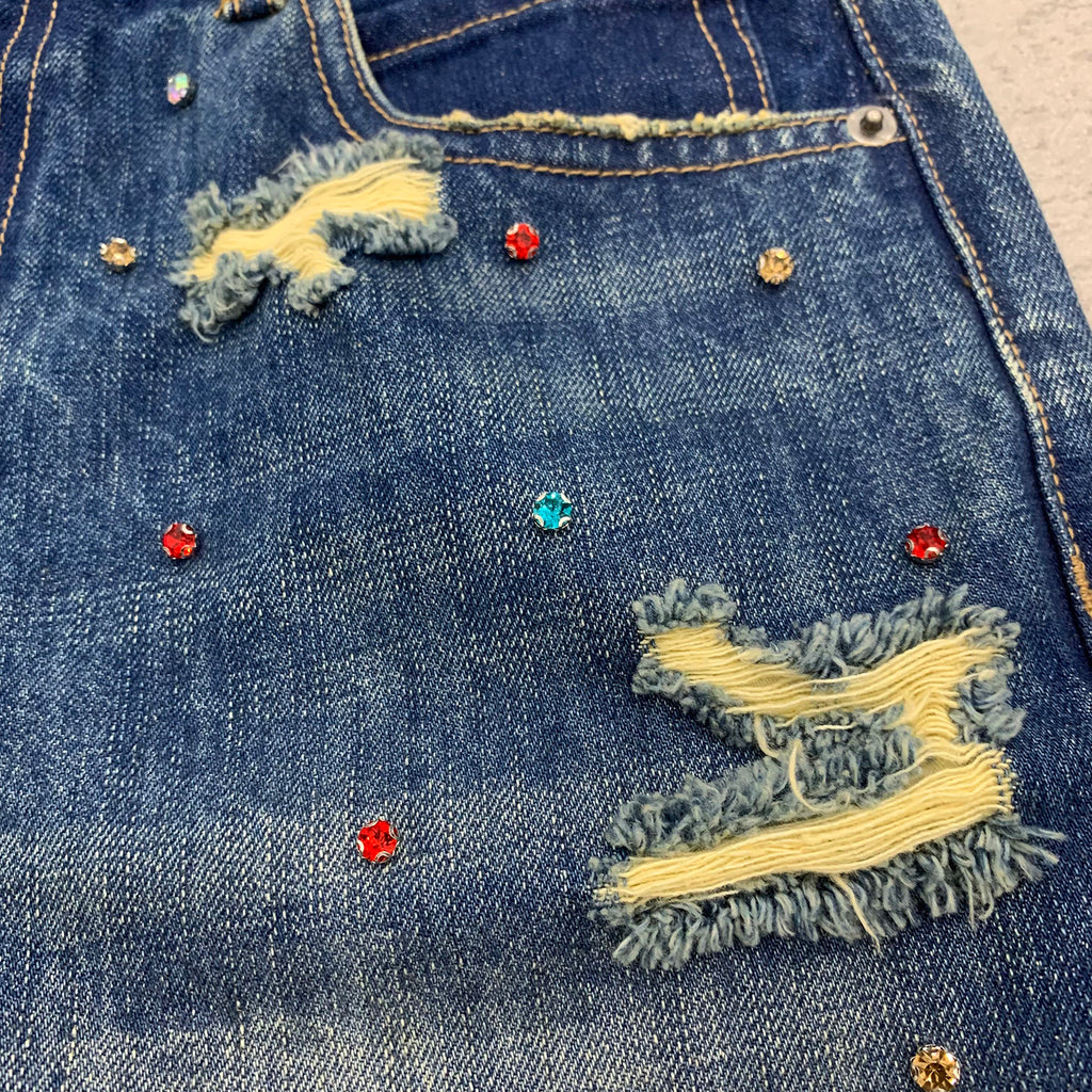 Custom Men's Blue Rhinestone Vintage Washed Jeans Shorts With Distressed
