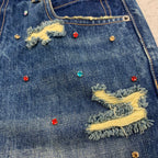 Custom Men's Blue Rhinestone Vintage Washed Jeans Shorts With Distressed
