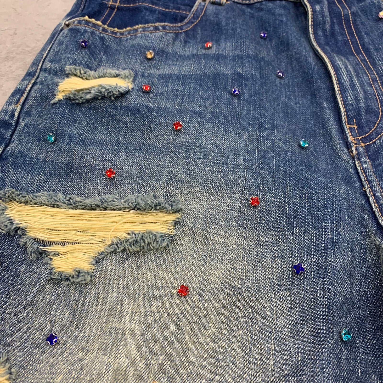 Custom Men's Blue Rhinestone Vintage Washed Jeans Shorts With Distressed