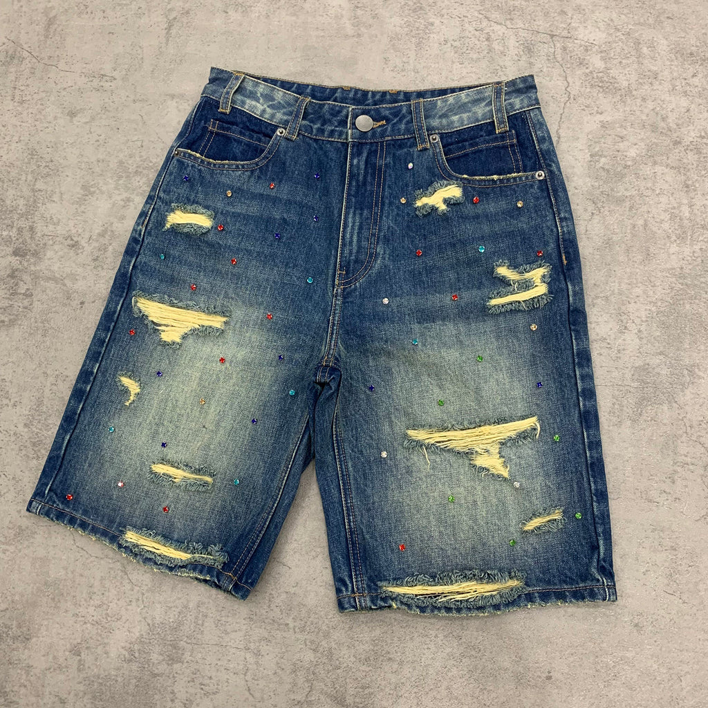 Custom Men's Blue Rhinestone Vintage Washed Jeans Shorts With Distressed