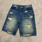Custom Men's Blue Rhinestone Vintage Washed Jeans Shorts With Distressed