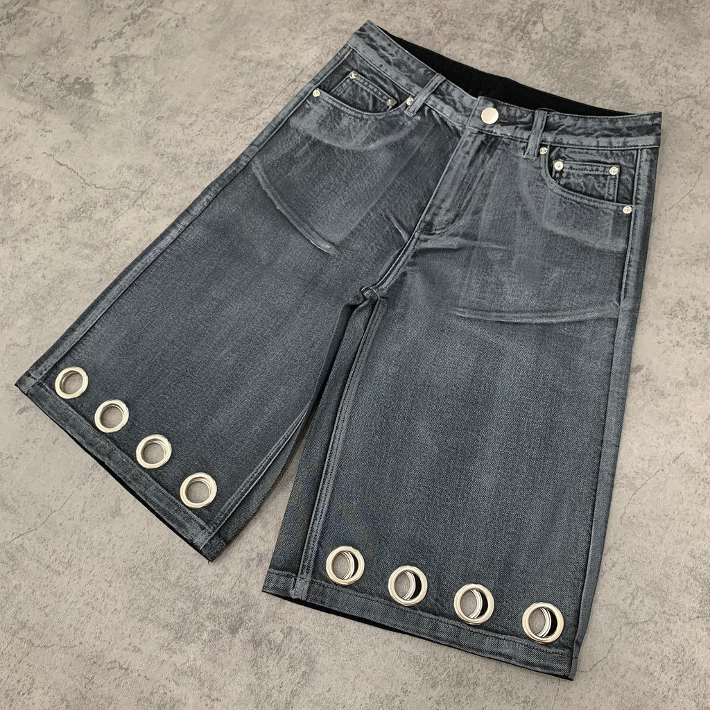 Custom Men's Grey Waxed Baggy Jeans Shorts