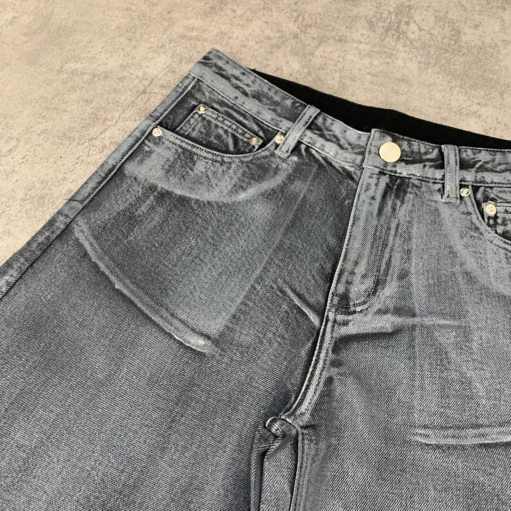Custom Men's Grey Waxed Baggy Jeans Shorts