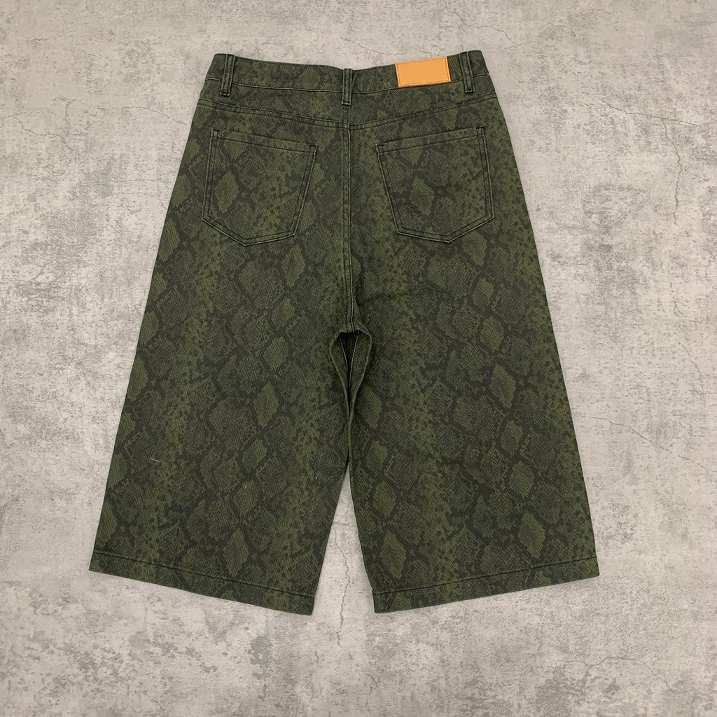 Custom Men's Straight Green Snake Jeans Shorts With Digital Printing