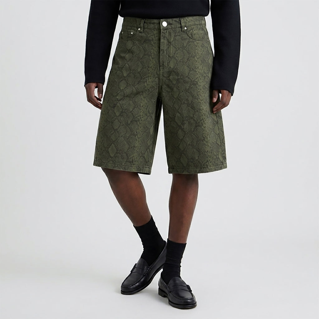 Custom Men's Straight Green Snake Jeans Shorts With Digital Printing