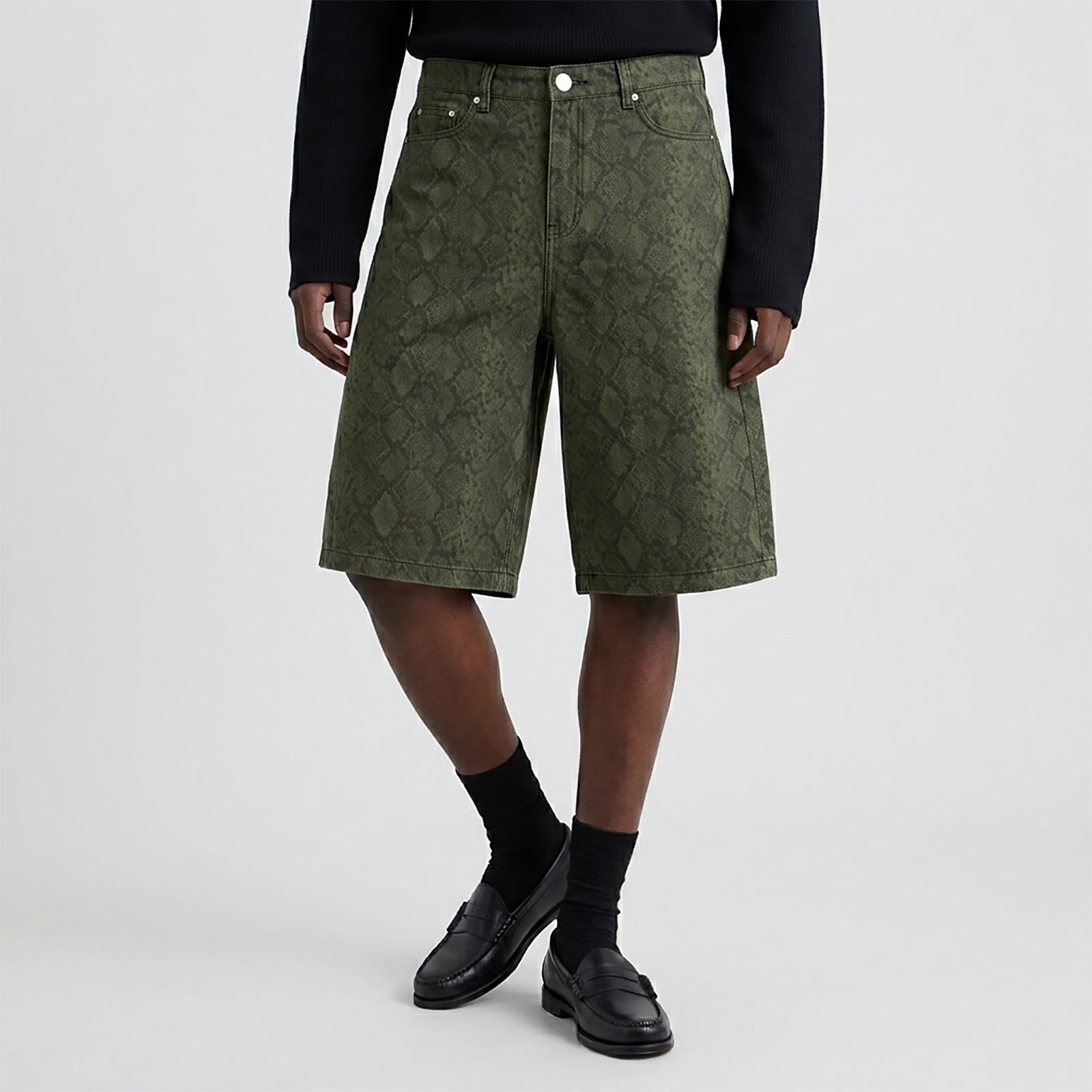 Custom Men's Straight Green Snake Jeans Shorts With Digital Printing
