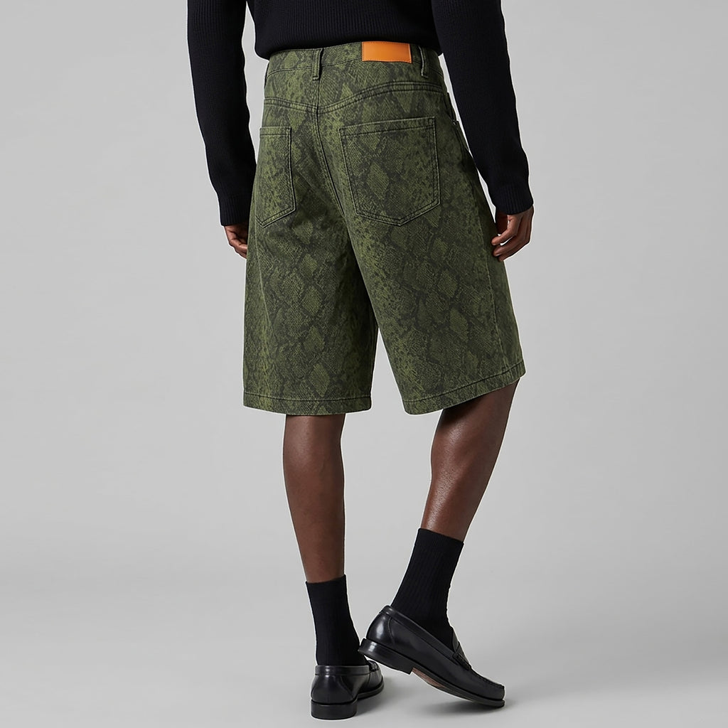 Custom Men's Straight Green Snake Jeans Shorts With Digital Printing