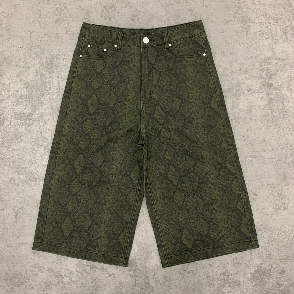 Custom Men's Straight Green Snake Jeans Shorts With Digital Printing